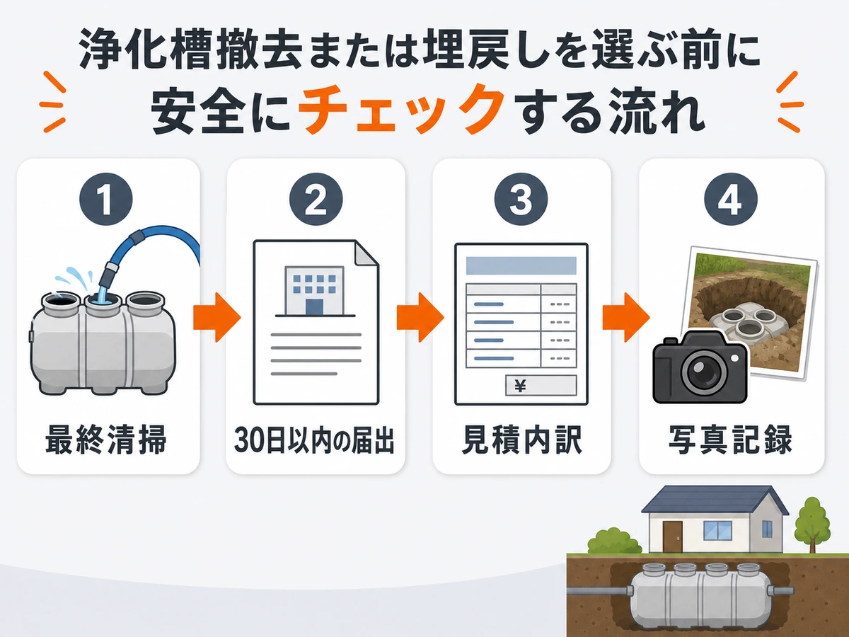 浄化槽処分前に最終清掃、30日以内の届出、見積内訳、写真記録を確認する流れ