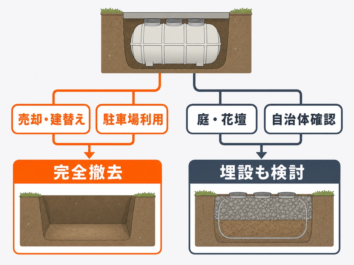 浄化槽の完全撤去と埋設を土地利用や自治体確認で選ぶ判断図