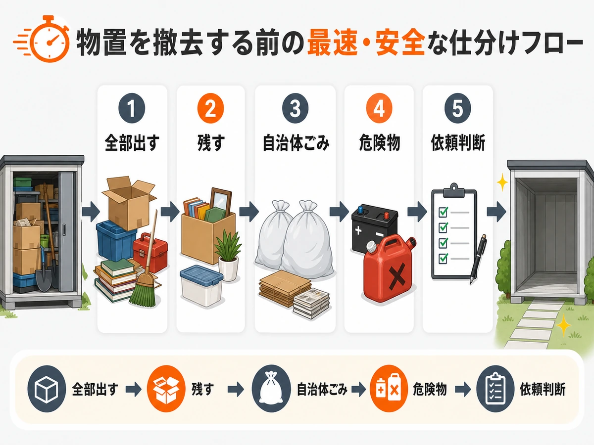 物置の中身を全部出して残す物、自治体ごみ、危険物、依頼判断へ分ける流れ