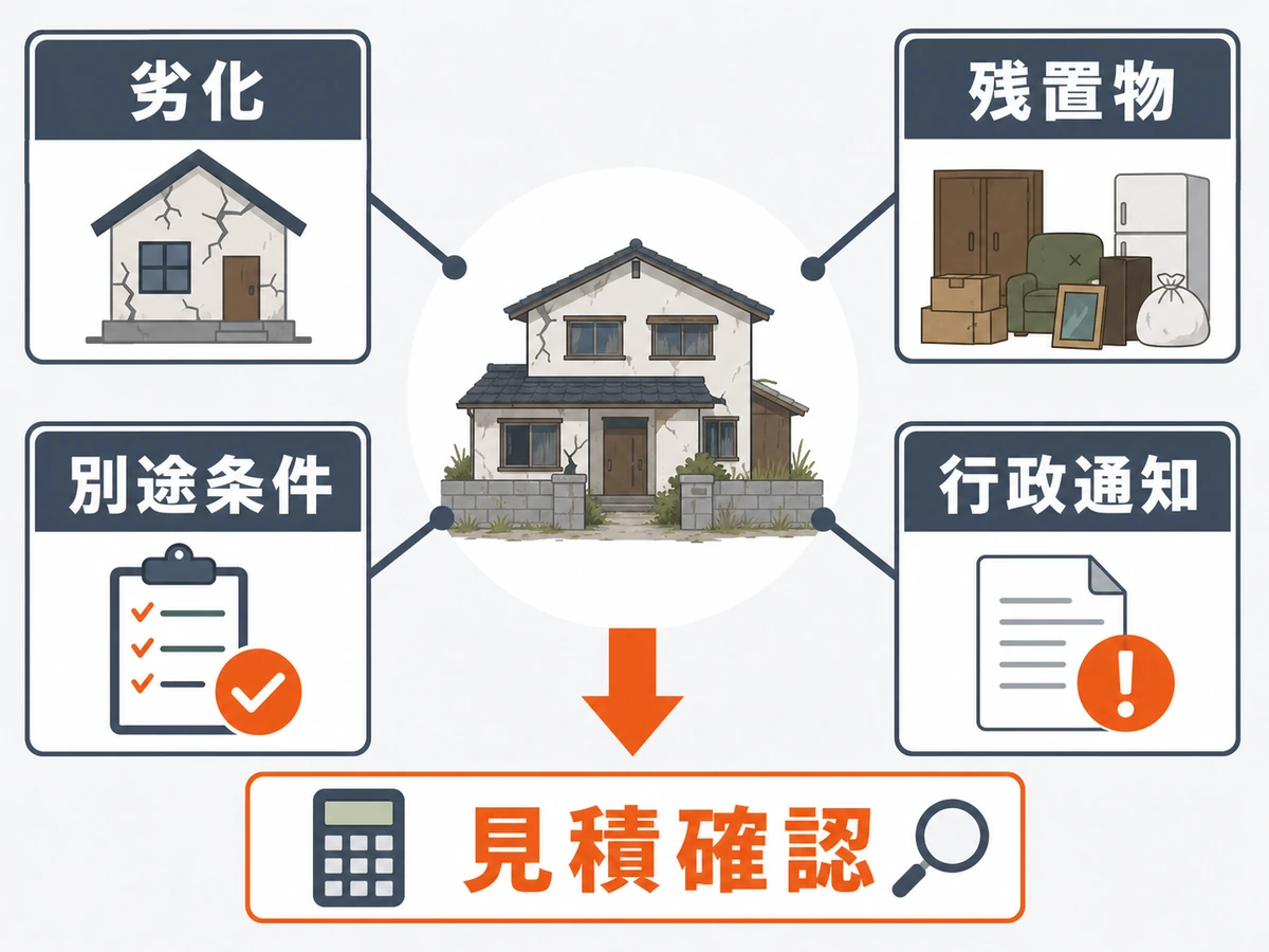 空き家の解体費用を押し上げる劣化、残置物、別途条件、行政通知の確認図