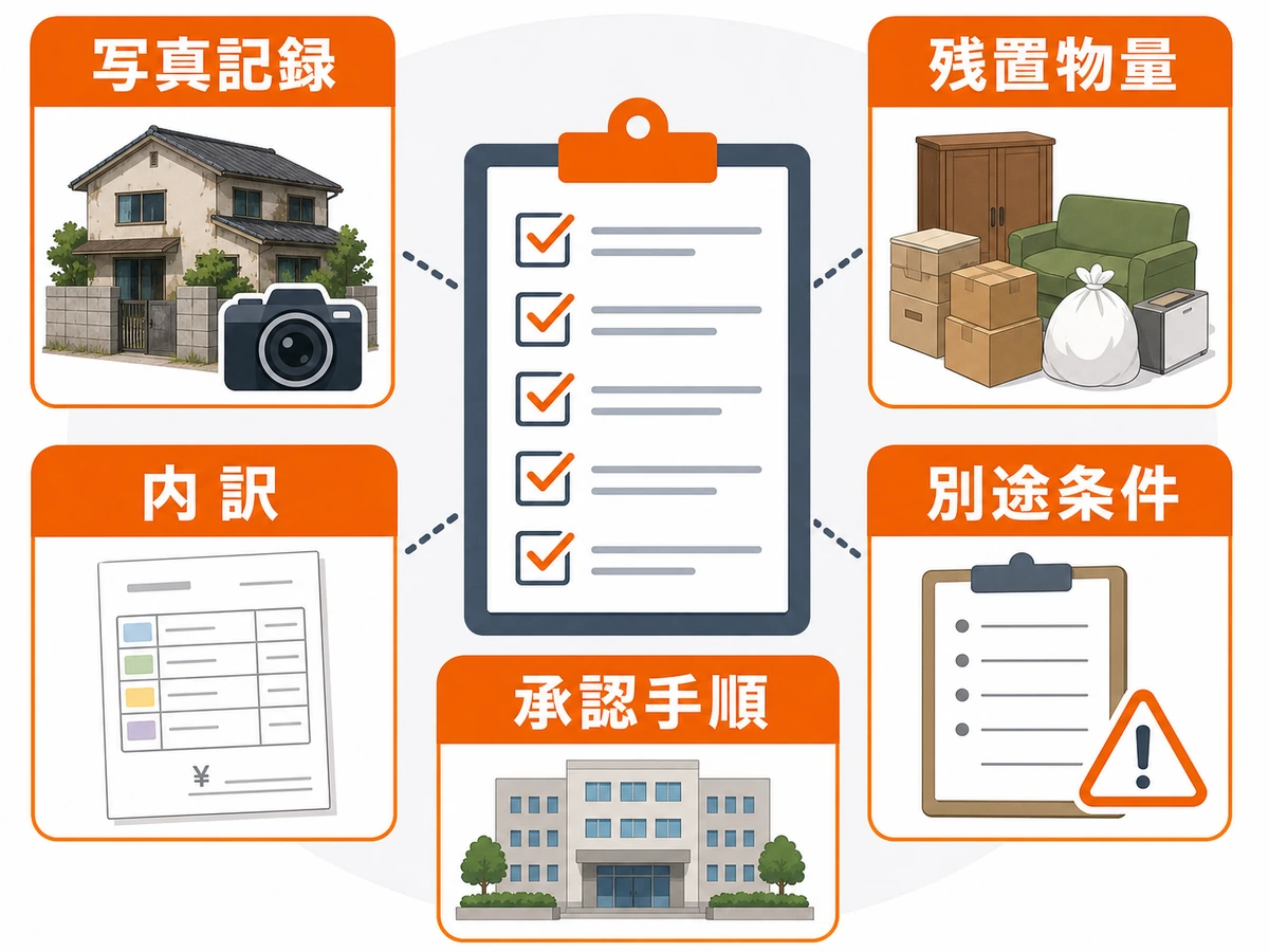 空き家解体の見積もり前に確認する写真記録、残置物量、内訳、別途条件、承認手順の図