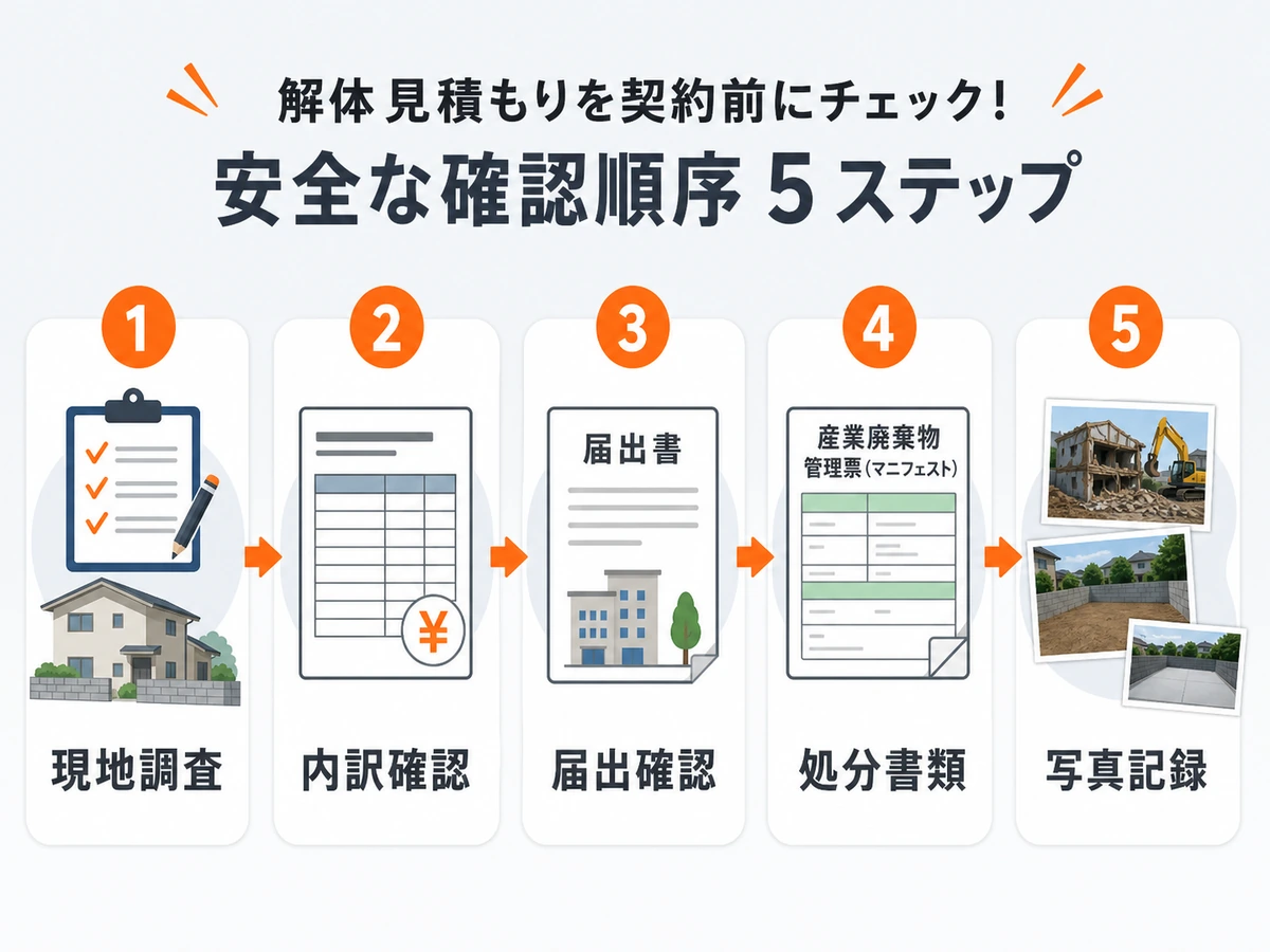 解体見積もりを契約前に確認する現地調査・内訳確認・届出確認・処分書類・写真記録の流れ