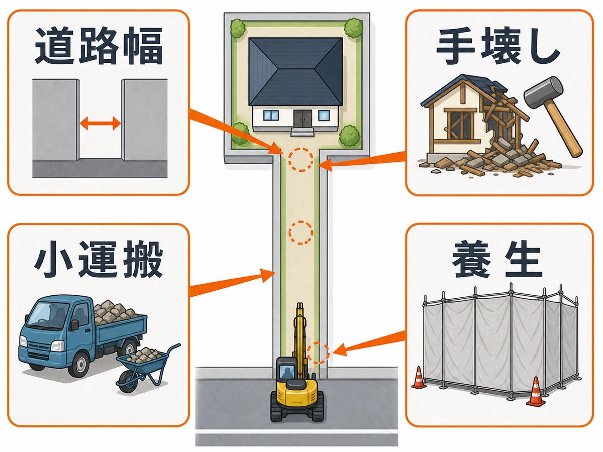 道路幅、手壊し、小運搬、養生が解体費用に影響する流れ