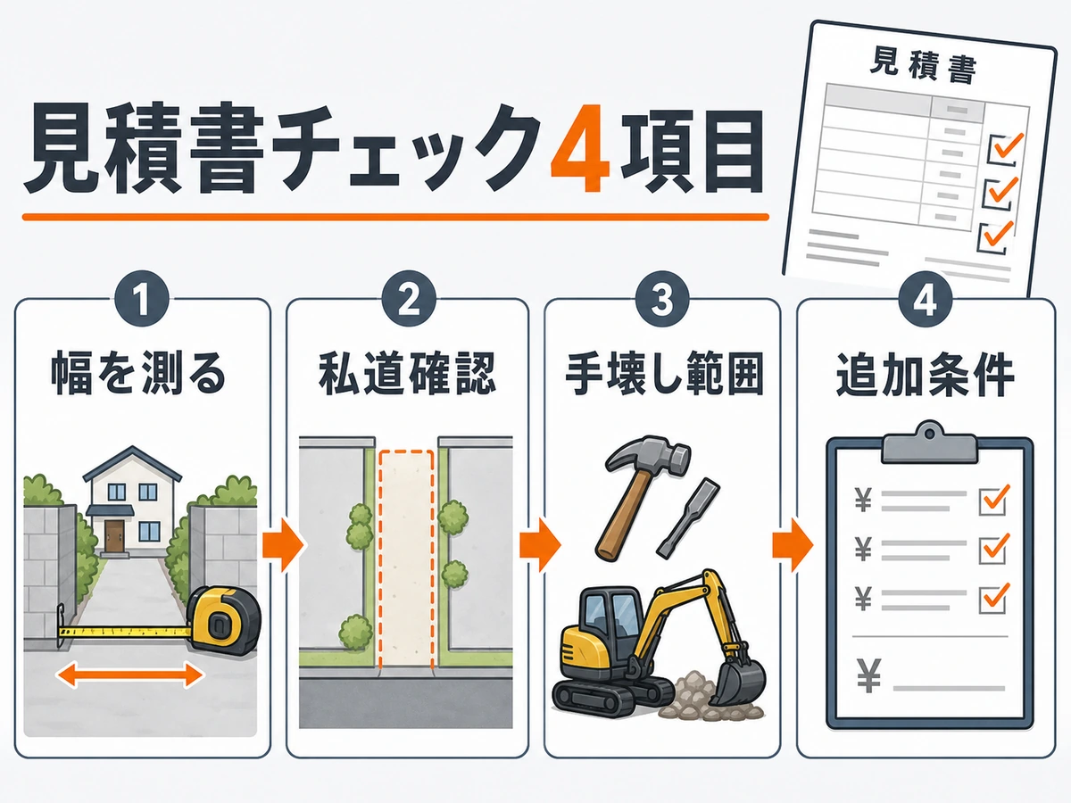 見積もり前に幅、私道、手壊し範囲、追加条件を確認するチェック図