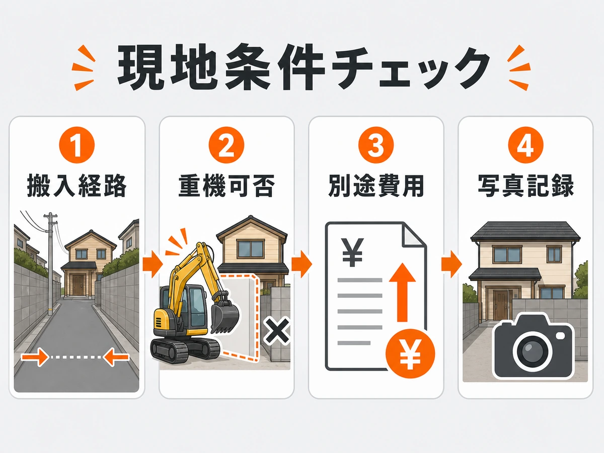 木造2階建て解体の現地条件チェックを示す図解
