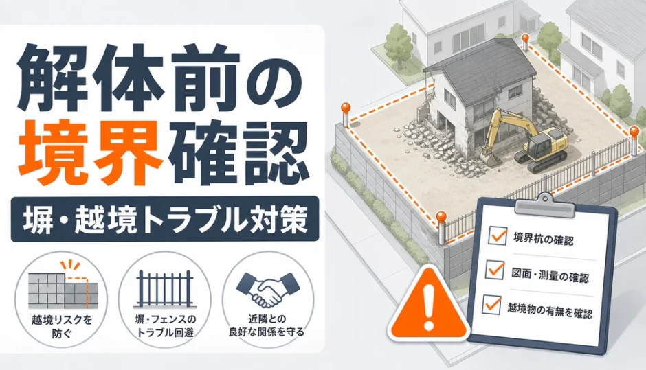 解体前の境界確認と塀・越境トラブル対策を示す図解