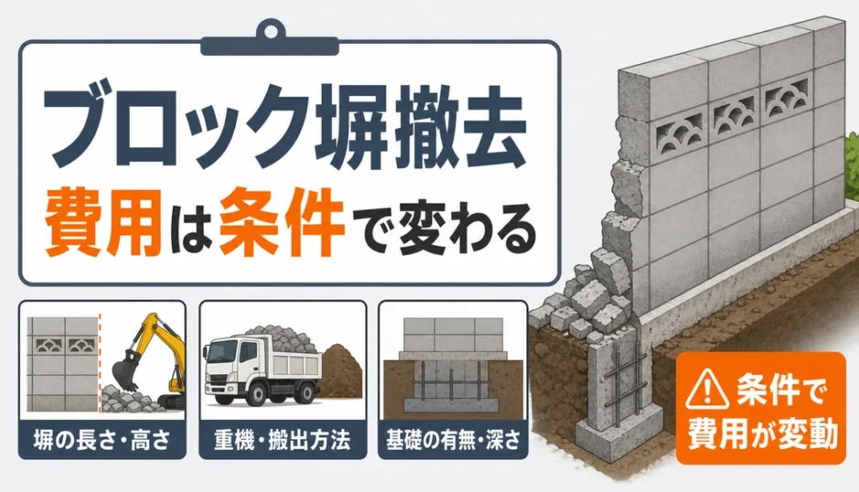 ブロック塀撤去費用が高さや基礎などの条件で変わることを示す図解