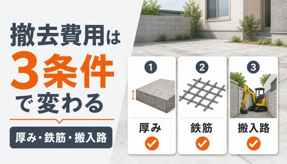 庭のコンクリート撤去費用が厚み・鉄筋・搬入路で変わることを示す図解