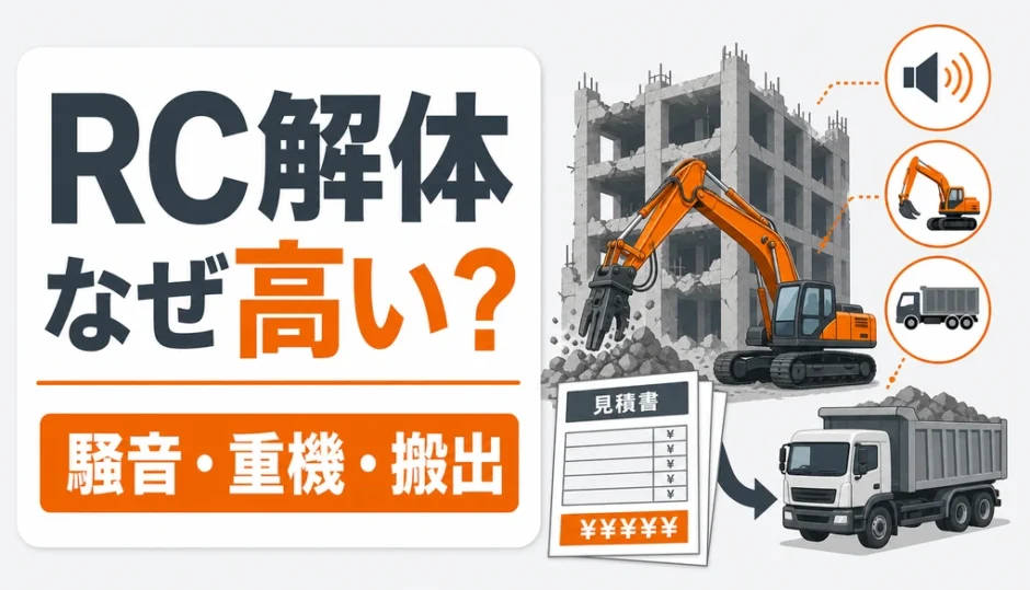 RC解体費用が高い理由を騒音・重機・搬出の観点で示す図解