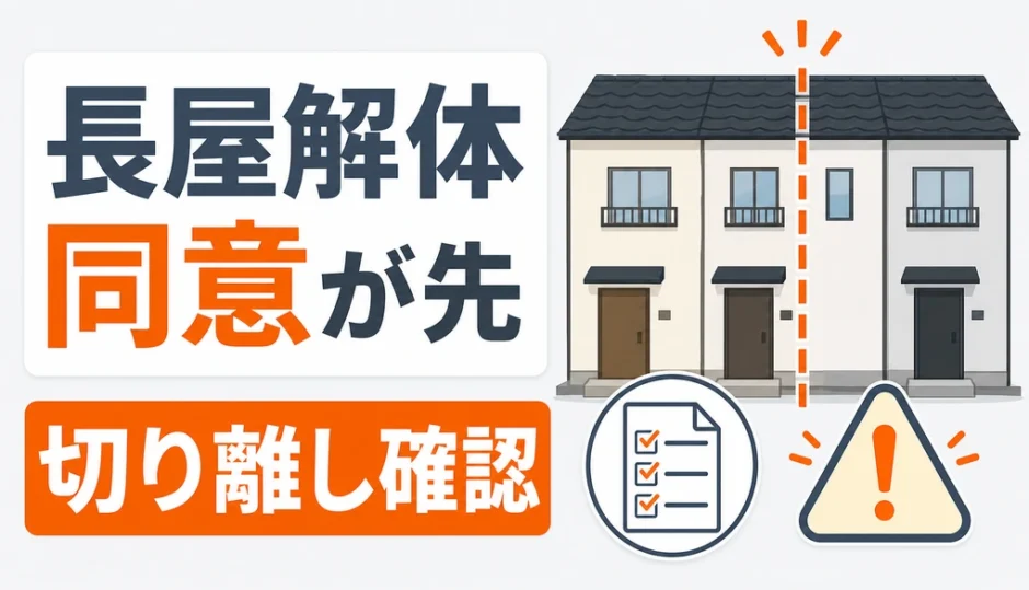 長屋・連棟住宅の解体で同意と切り離し確認が必要なことを示す図解サムネイル