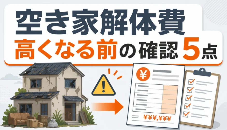 空き家の解体費用が高くなる前に確認する5項目を示す図