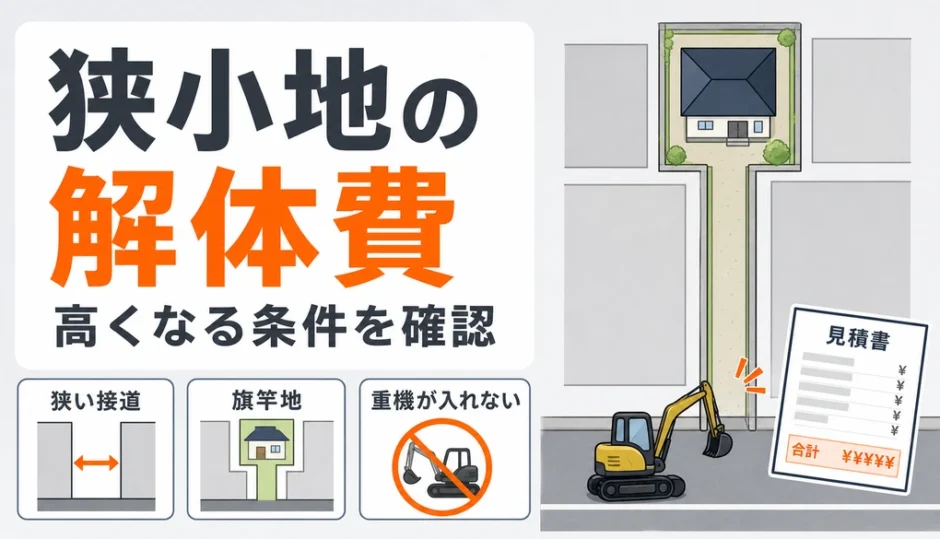 狭小地・旗竿地の解体費用が高くなる条件を示す図解