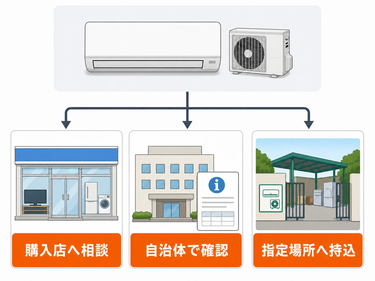 家庭用エアコンの処分先を購入店、自治体案内、指定引取場所から選ぶ流れ