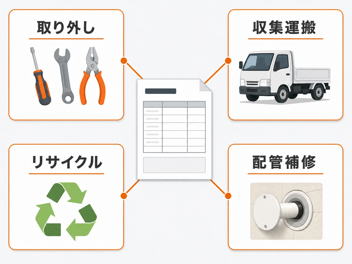 エアコン撤去の見積もりを取り外し、収集運搬、リサイクル、配管補修に分ける図