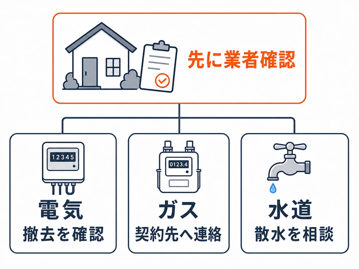 解体前に電気・ガス・水道の扱いを分けて確認するフロー