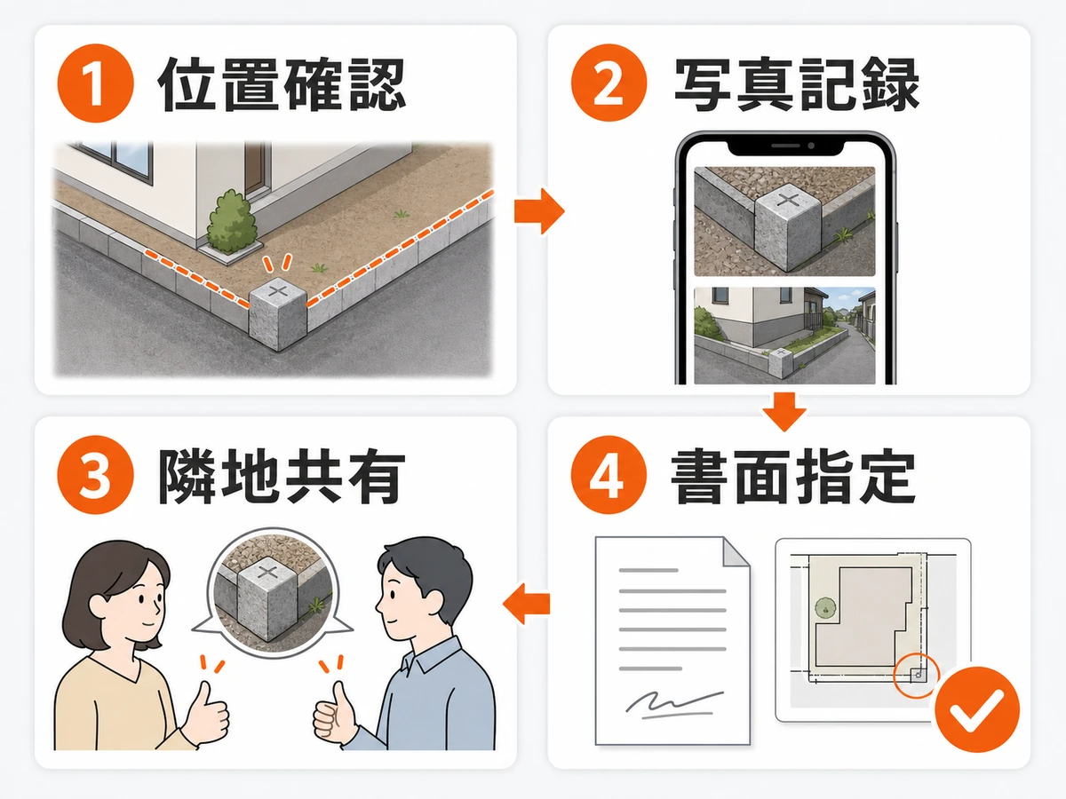 解体前に境界杭を守る位置確認・写真記録・隣地共有・書面指定の4項目