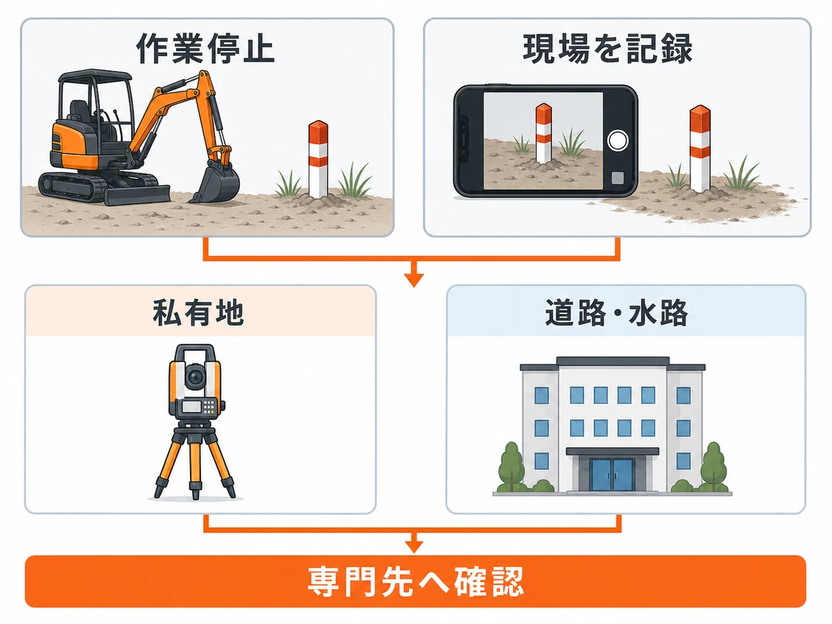 境界杭が抜けたときの作業停止・現場記録・専門先確認の判断順