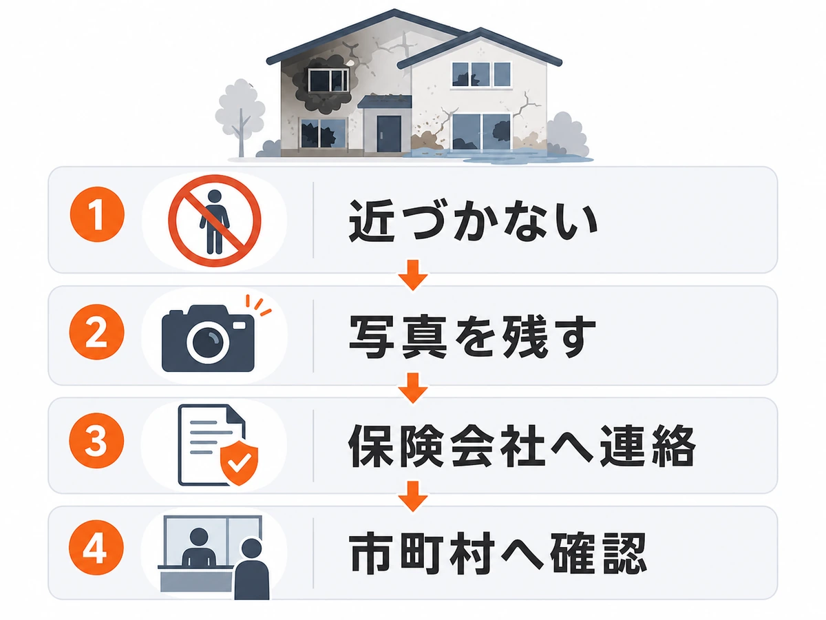 被災建物に近づかず、写真、保険会社、市町村の順に確認する流れ