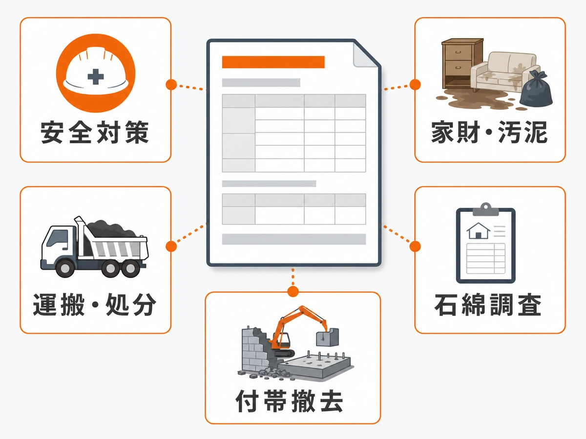 被災建物の解体見積もりで確認する安全対策、家財・汚泥、運搬・処分、石綿調査、付帯撤去