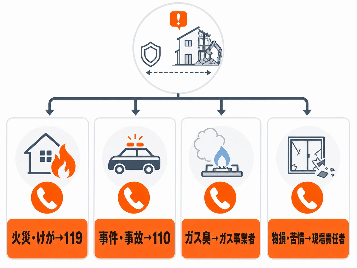 解体工事中の異常を火災・けが、事件・道路事故、ガス臭、危険が広がっていない物損・苦情に分ける最初の連絡先フロー