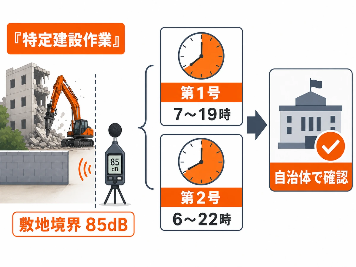 特定建設作業の騒音85dBと区域別時間帯、自治体確認の関係を示す図