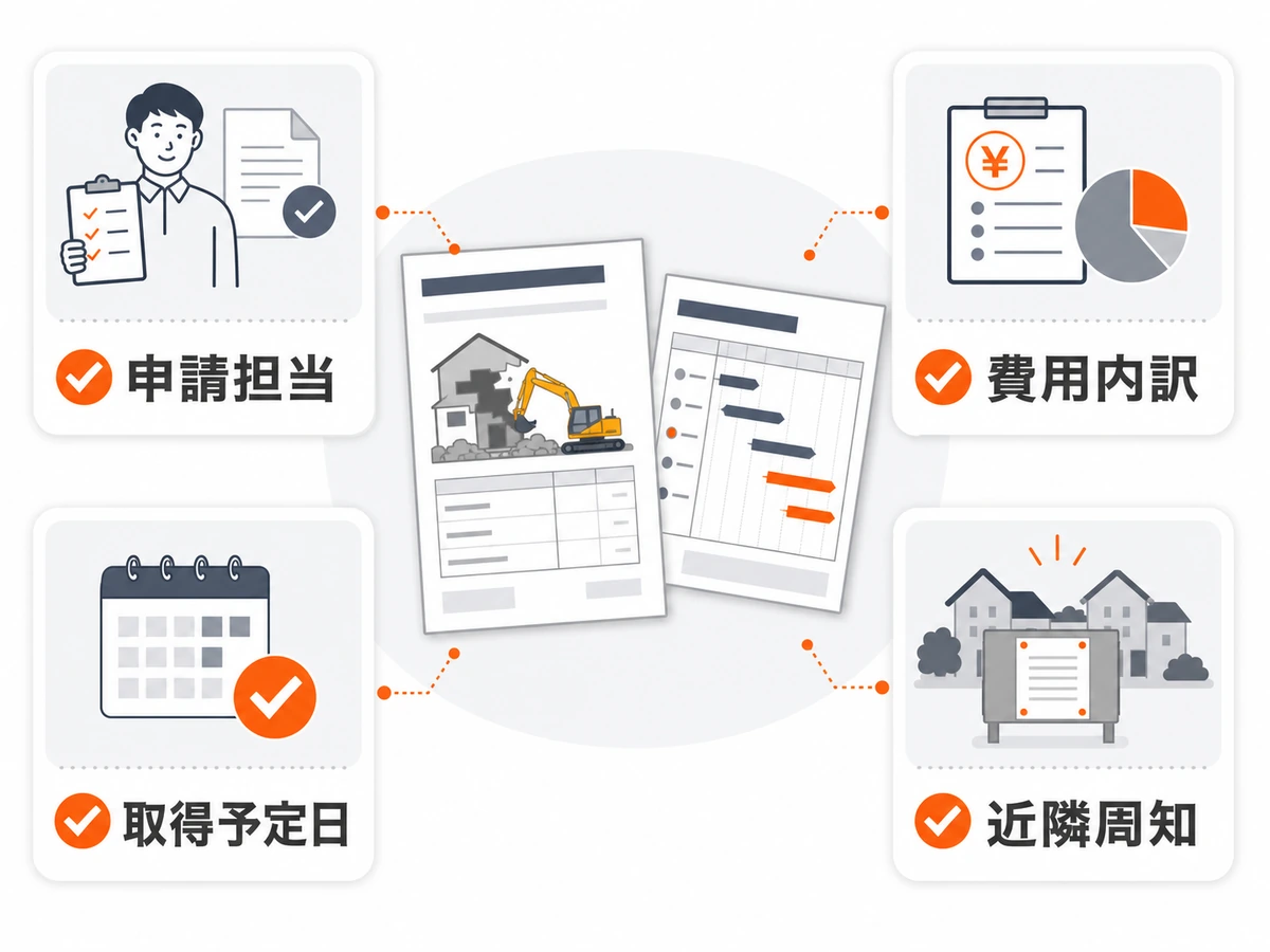 解体工事の契約前に申請担当・費用内訳・取得予定日・近隣周知を確認する図