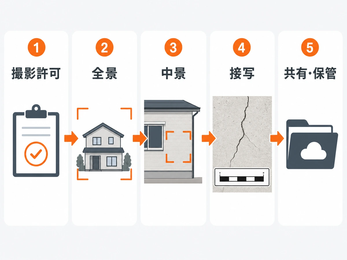 隣家の写真記録を撮影許可から共有・保管まで示す手順図