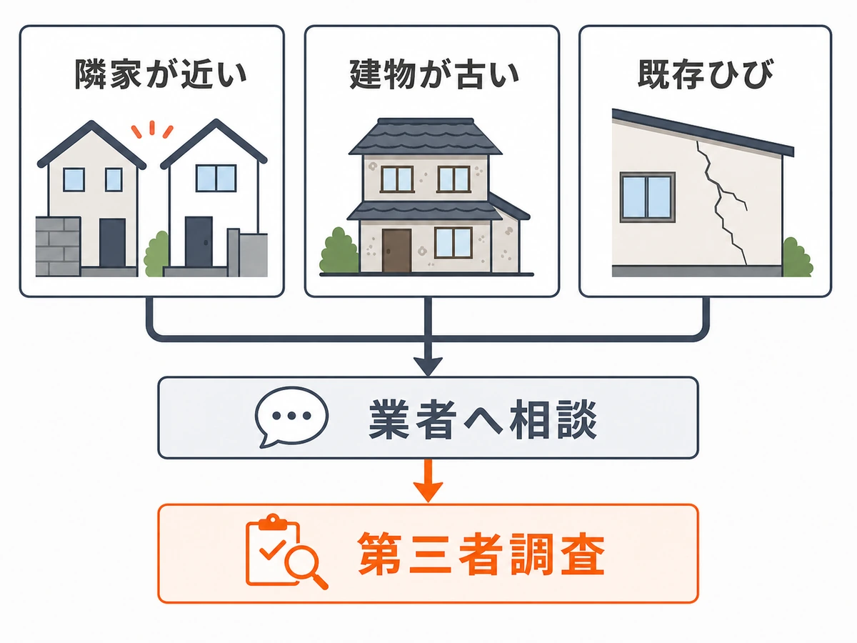 隣家の近さ・古さ・既存ひびから第三者の家屋調査を検討する判断図