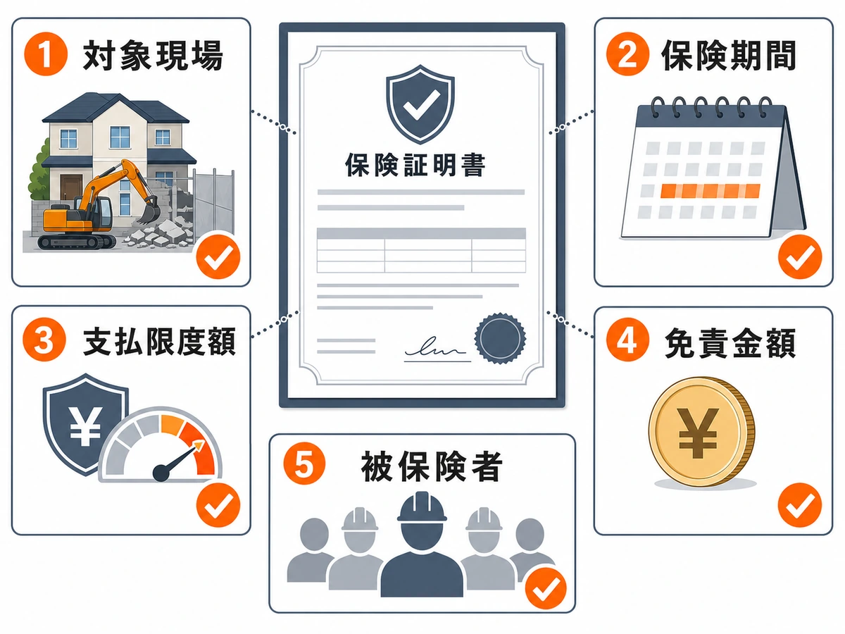 解体工事の保険証券で対象現場・保険期間・支払限度額・免責金額・被保険者を確認する図