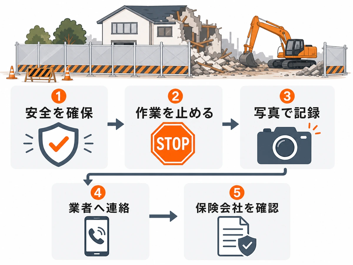 解体工事の事故時に安全確保・作業停止・写真記録・業者連絡・保険会社確認を行う流れ