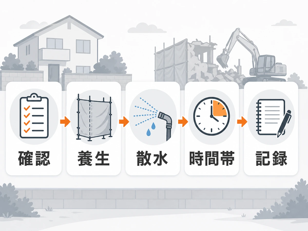 解体工事前に確認、養生、散水、時間帯、記録を整理するチェックフロー