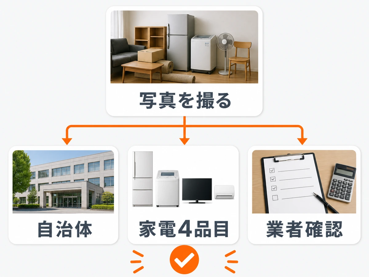 解体前の不用品を写真から自治体・家電4品目・業者確認へ分ける流れ