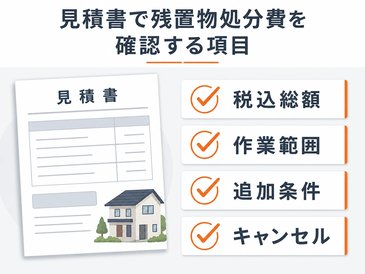残置物処分費の見積書で税込総額・作業範囲・追加条件・キャンセルを確認する表