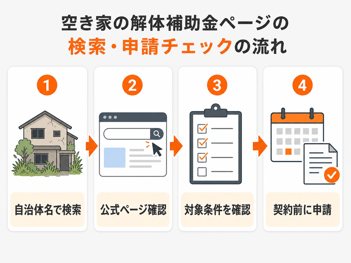 自治体名で検索し、公式ページと対象条件を確認して契約前に申請する流れ