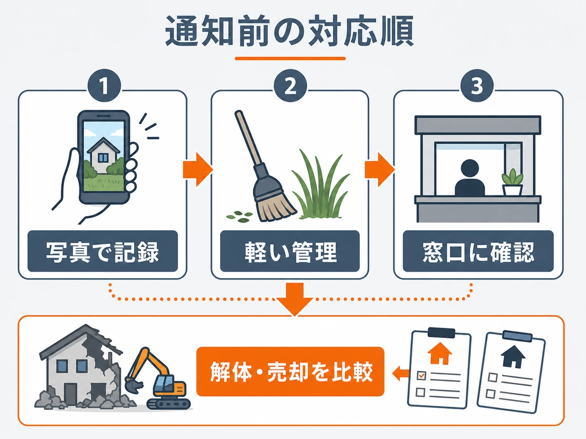 空き家の行政通知前に写真記録、軽い管理、窓口確認、解体売却比較へ進む対応順