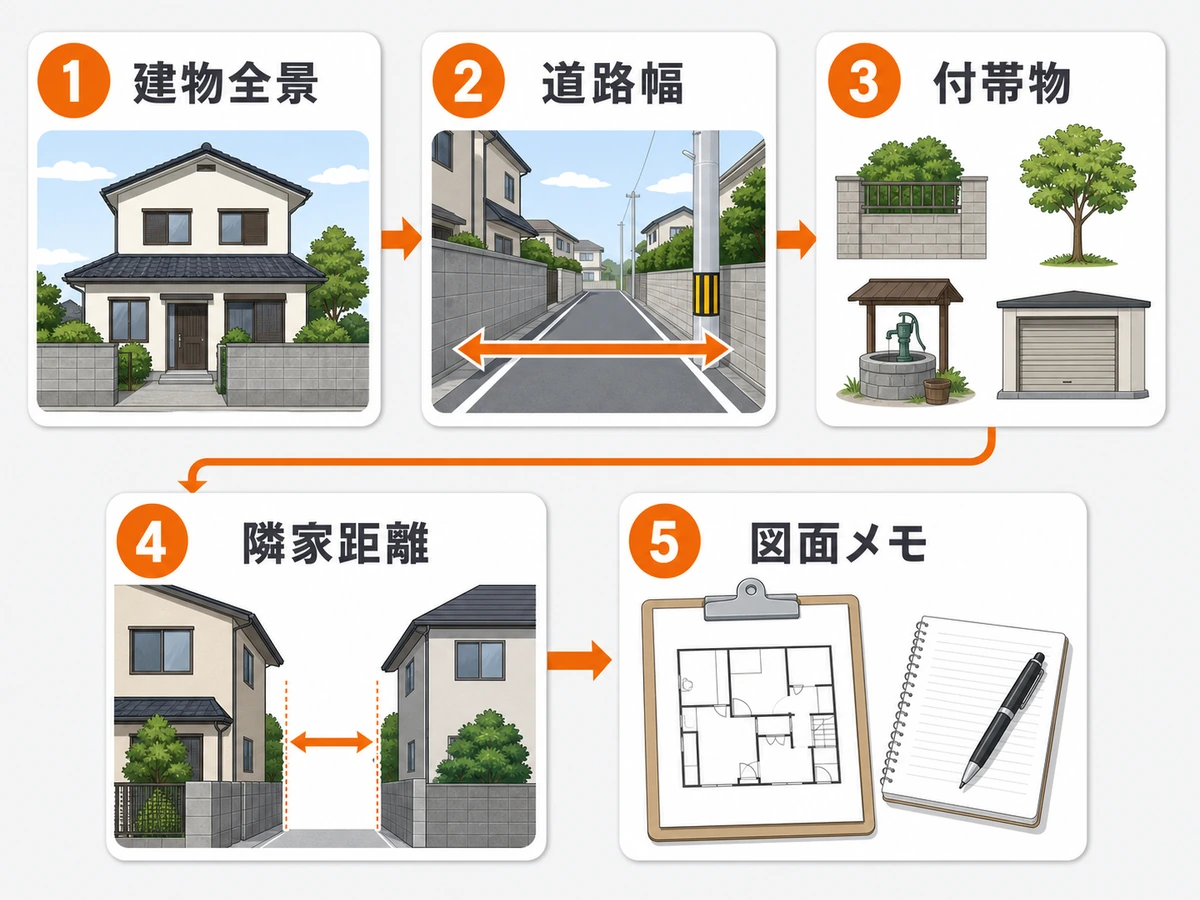 遠方の解体見積もりで撮影する建物全景、道路幅、付帯物、隣家距離、図面メモの確認フロー