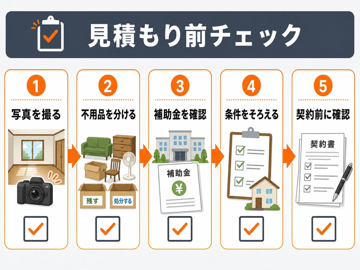 解体工事の見積もり前に写真、不用品、補助金、条件、契約を確認する流れ