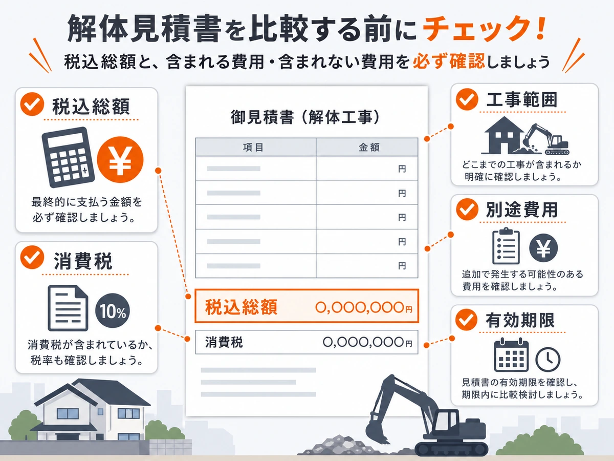 解体見積書で税込総額、消費税、工事範囲、別途費用、有効期限を確認する図