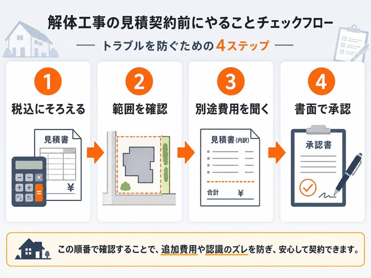 解体見積契約前に税込、範囲、別途費用、書面承認を確認する流れ