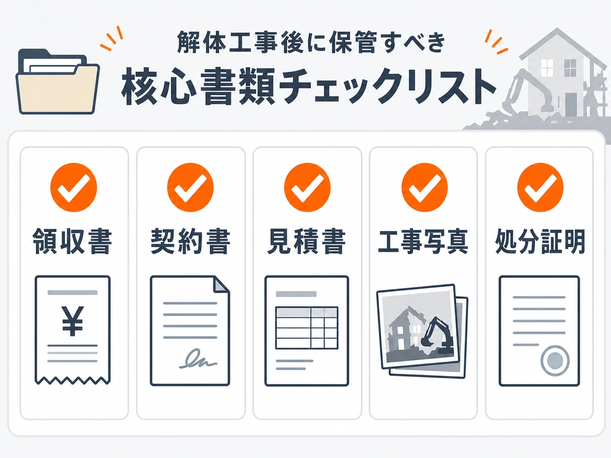 解体工事後に保管する領収書、契約書、見積書、工事写真、処分証明のチェックリスト