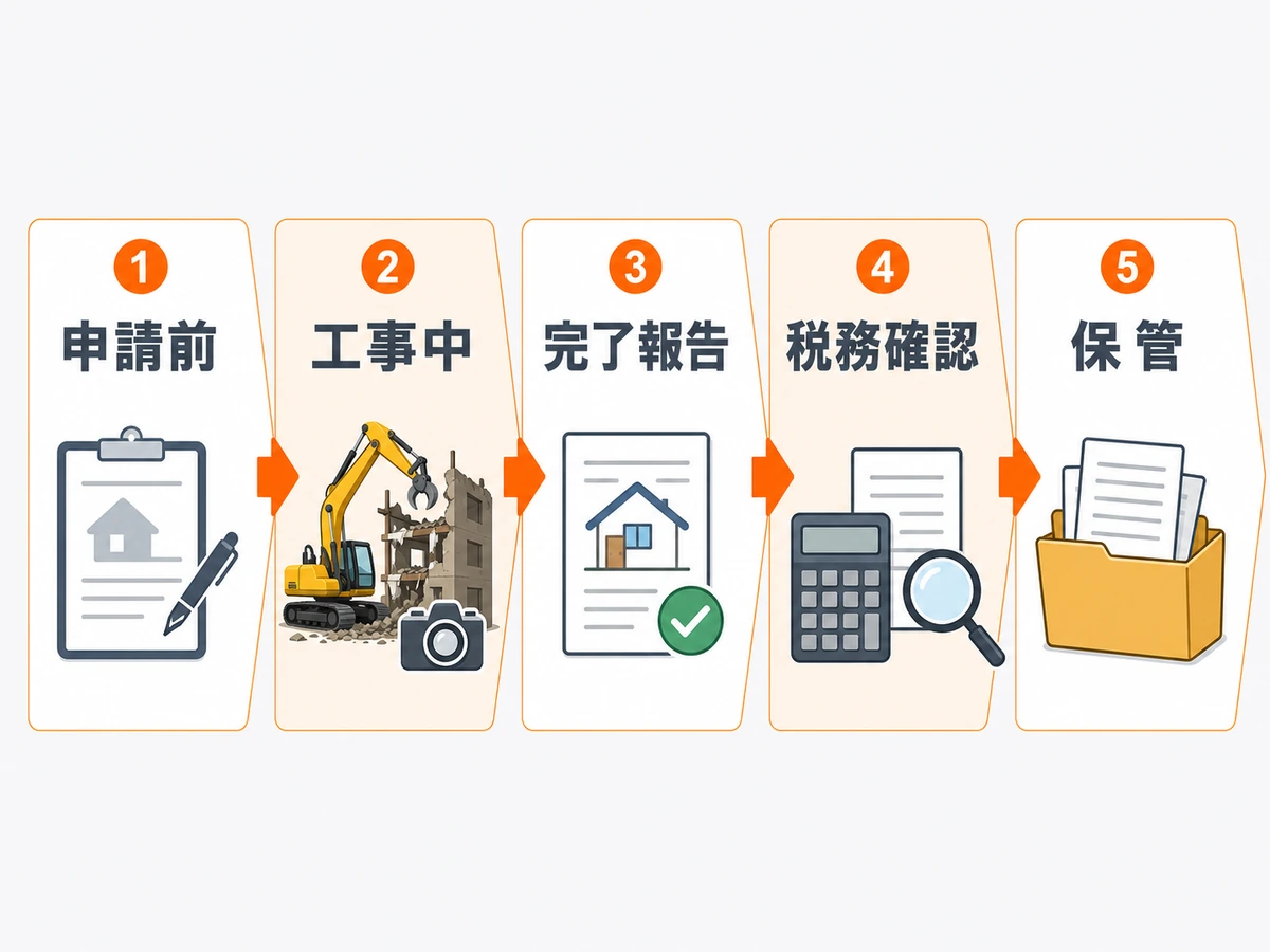 解体補助金と税務確認で書類を残す流れを示す申請前、工事中、完了報告、税務確認、保管の図