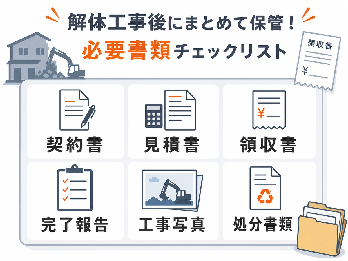 解体工事後に保管する契約書、見積書、領収書、完了報告、工事写真、処分書類のチェックリスト