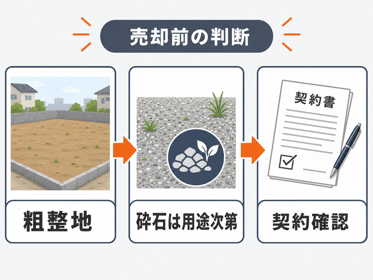 売却前に粗整地・砕石・契約確認を比べる図