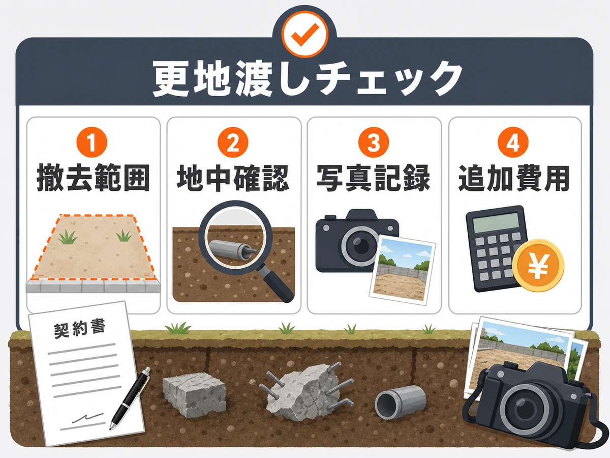 更地渡しで撤去範囲・地中確認・写真記録・追加費用を確認する図
