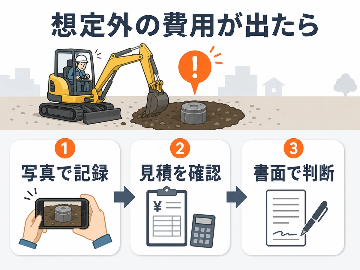 解体中に想定外の費用が出た場合に、写真、見積、書面を確認する流れの図解