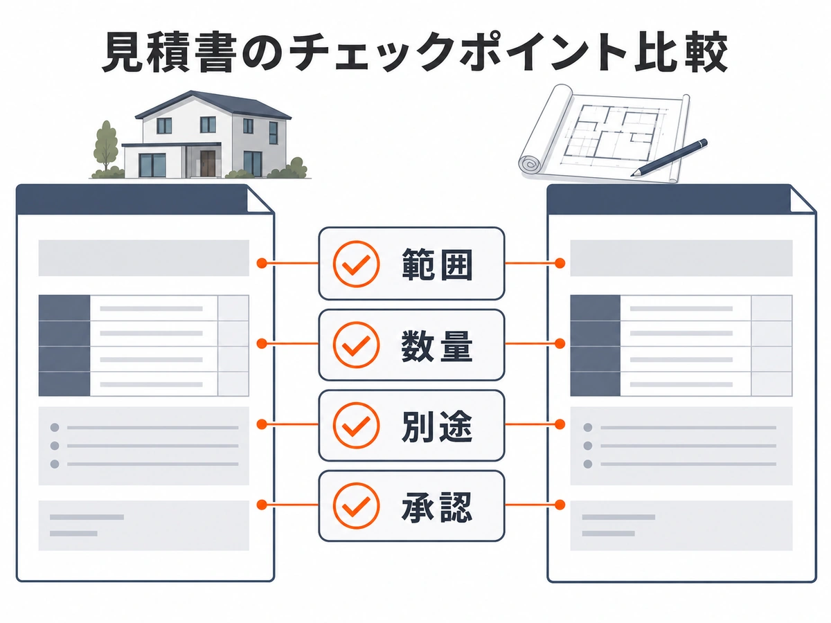 解体見積書の範囲・数量・別途・承認を比較するチェック図