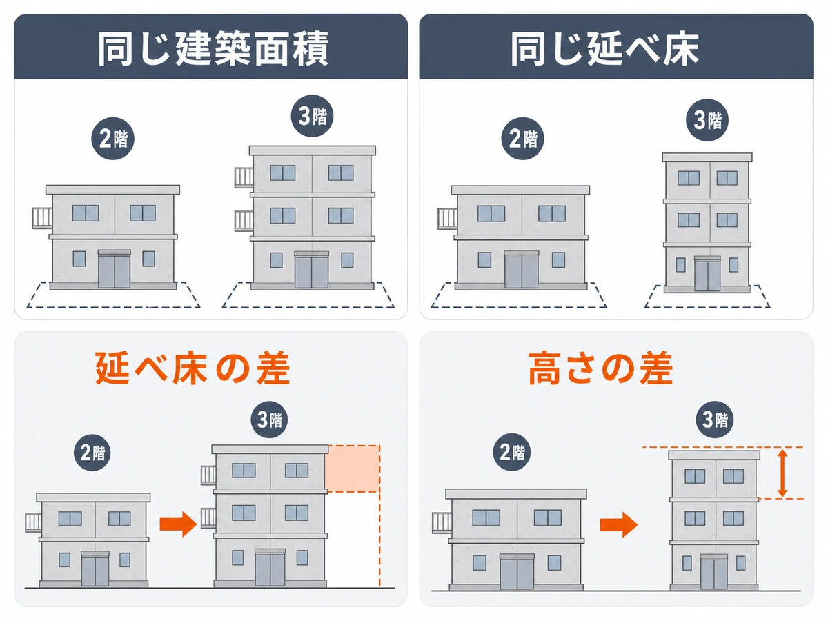 RC造2階建てと3階建てを同じ建築面積・同じ延べ床面積で比べる図解