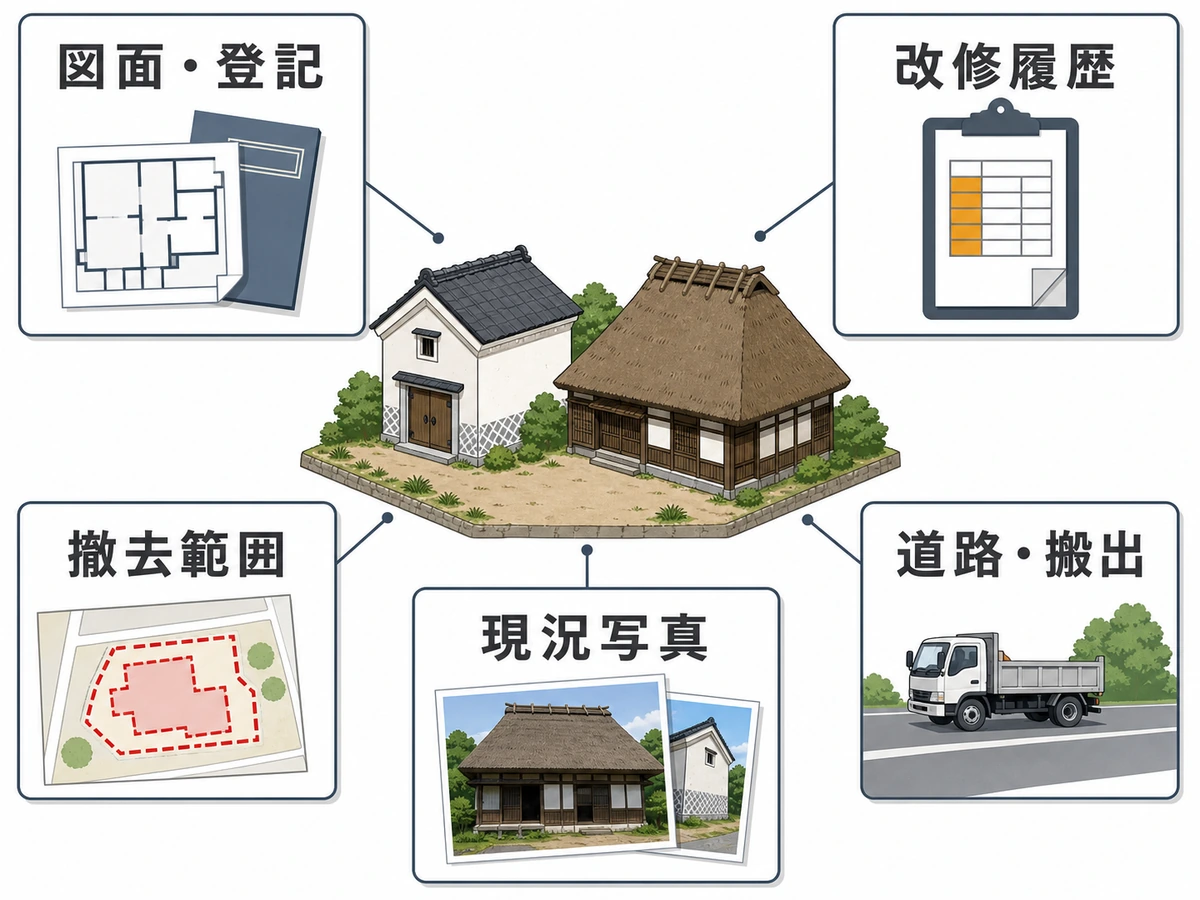 古民家の現地調査前に図面・登記、改修履歴、撤去範囲、道路・搬出、現況写真をそろえるチェック図