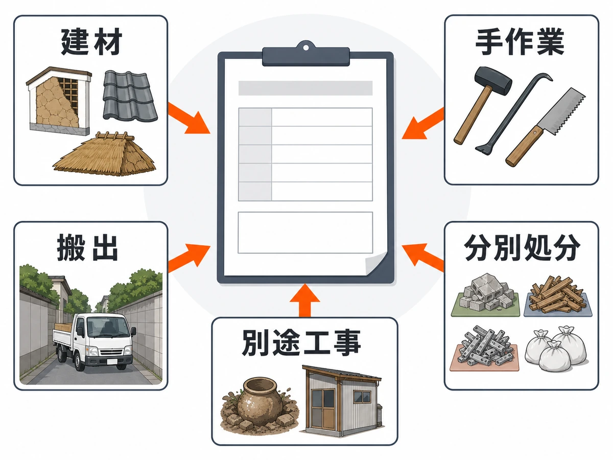 古民家の解体見積もりを動かす建材、手作業、搬出、分別処分、別途工事の5要因