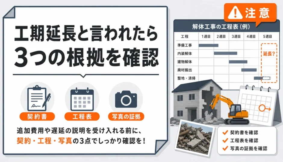 解体工事で工期延長を告げられたときに確認する3つの根拠